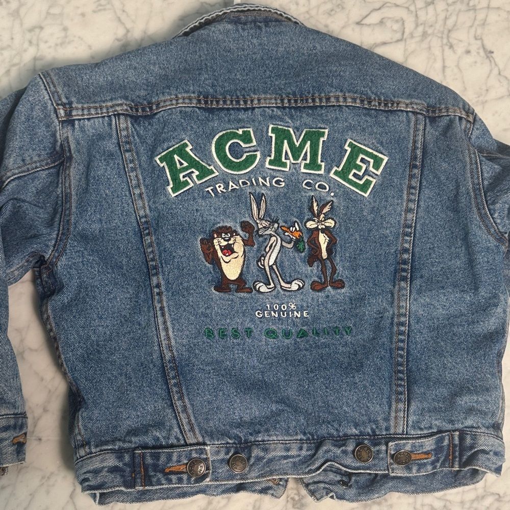 Vintage Acme Looney Tunes Blue Denim Jacket Embroidered Quilted Lining Sz 8/10